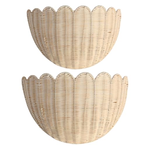 Scalloped Hanging Wicker Baskets for Wall, Scalloped Home Decor, Hanging Woven Rattan Wall Basket for Flowers Front Door Bathroom Storage (Rattan-Set of 2) - color: Off White, size: S+M