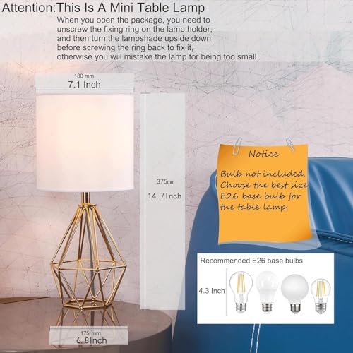 Gold Small Table Lamp Set of 2, Modern Bedside Nightstand Lamps with Geometric Metal Base White Fabric Shade, Cute Desk Lamp for Living Room Bedroom - color: Gold-2 Pack