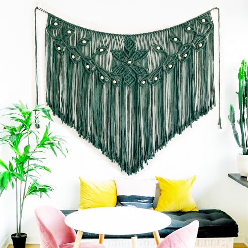Youngeast Home Decor Leaf Shape Macrame Wall Hanging Woven Tapestry Bedroom Curtain Fringe Garland Banner Living Room Wall Decor Dark Green 39X31 inches - color: Dark Green