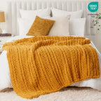 Battilo Cozy Mustard Throw Blanket 50" x 60" | Hand Knitted Chunky Knit Throw Blanket, Soft Jumbo Chenille for Couch Sofa Bed - color: Mustard