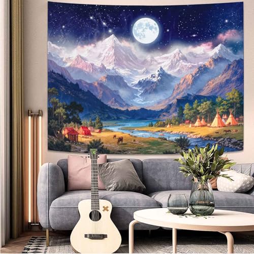 Wegklazax Full Moon Mountain Tapestry, Celestial Fantasy Wall Art for Room Decor, Serene Nature Home Decor 90" L x 70" W - color: Blue White, size: 90"L x 70"W