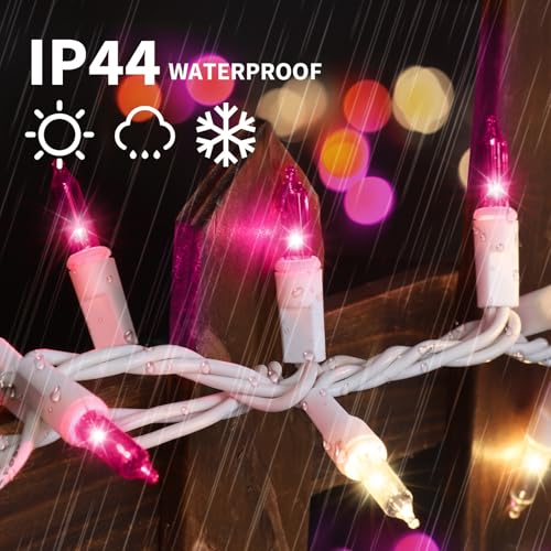 LAMPHOME Pink Clear Christmas Valentine's String Lights 100 Mini Incandescent Fairy Light Decor 20 Ft White Wire Indoor & Outdoor Party Patio Bedroom, Xmas Tree Garland Easter Holiday Decoration - color: Pink and Clear-White Wire
