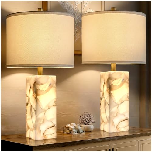 Scenekoy Alabaster Table Lamp Set of 2 with Night Light for Bedroom Living Room, 23" Rotary Switch Bedside Lamp with Linen Shade, Modern Nightstand Lamps for Room Office Dorm (Bulb Included) - color: White