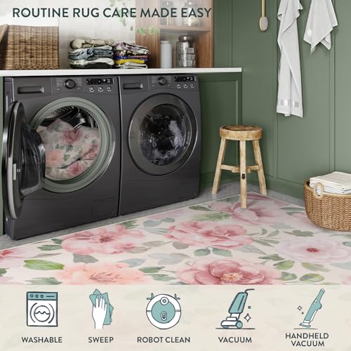 Lahome Floral Washable Rugs 3x5,Entryway Rug Soft Bedroom Rugs Ultra-Thin Home Decor Small Carpet for Bathroom Kitchen Rugs Kids Room,Office,College Dorm 3x5（Beige/Multi - color: Beige/Camellia, size: 3' X 5'(rectangular)