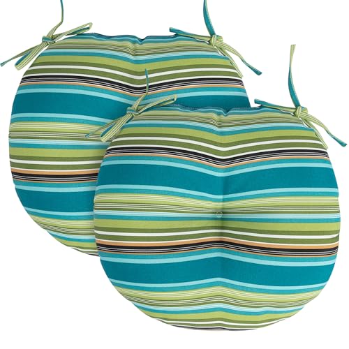 FUNHOME 15"x15"x4" Bistro Chair Cushion Set of 2, Water Repellent Round Outdoor Chair Cushions with Ties, Patio Tufted Chair Pads for Home Garden (Green Stripe) - color: Green Stripe