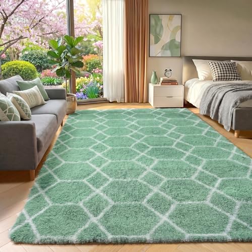 ONASAR Area Rugs for Bedroom Living Room, 4x6 Fluffy Sage Green and White Throw Rug, Soft Plush Fuzzy Shaggy Geometric Floor Carpet for Nursery Kids Girls Boys Teen Dorm Home Decor Aesthetic - color: Sage Green / White, size: 4' x 6' (Rectangular)