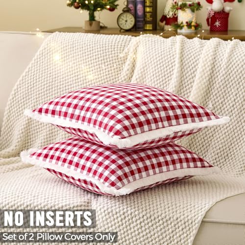 Red and White Christmas Plaid Lumbar Pillow Covers 12x20 Set of 2 with Tassels, Red Gingham Winter Holiday Lumbar Pillow Covers 12 x 20, Christmas Outdoor Pillows for Porch and Patio (Woven Fabric) - color: Lumbar Red & White (With Tassels), size: 20" x 1