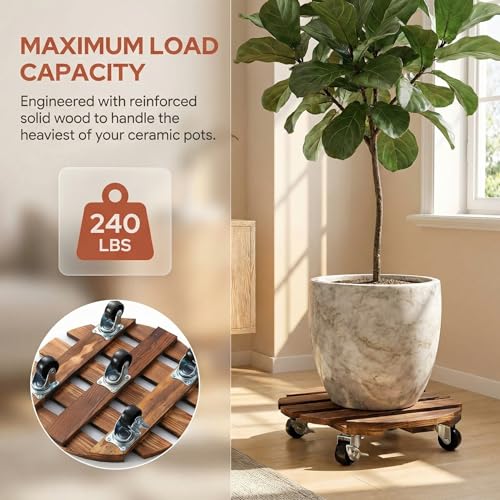 ZXZYHFTY Round Original Wooden Plant Stand with Wheels, 2 Packs Rolling Plant Stand with 360°Lockable Wheels for Vertical Garden Towers, Vertical Planting Tanks, Plant Pots, Wastebaskets (14") - color: Brown, size: 14"