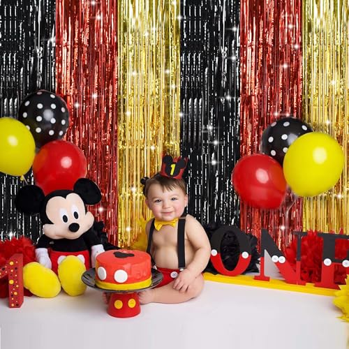TONIFUL Black Red Gold Door Streamers,Black Red and Gold Photo Booth Backdrop Metallic Streamers Foil Fringe Curtain for Mouse Themed Birthday,New Year,Graduation,Baby Shower Party Decoration - color: Black Red Gold