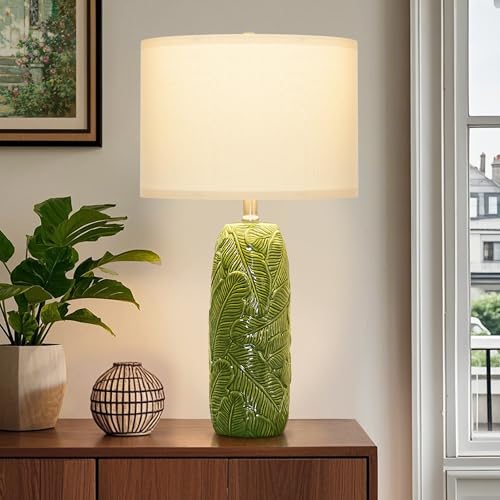 EUO 25” Green Lamps Set of 2 with Leaves Design for Living Room, Bedroom, Retro Ceramic Table Lamps for Nightstand Set of 2 - color: Green-L