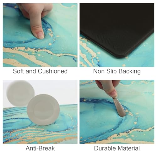 MAYHMYO Kitchen Rugs and Mats Set of 2 Teal Marble Gold Anti Fatigue Mat PVC Non Slip Turquoise Foam Cushioned Kitchen Mats for Floor Dining Room Home Office Sink Laundry - color: Teal, size: 29"L X 17.3"W X 0.4"Th + 47"L X 17.3"W X 0.4"Th
