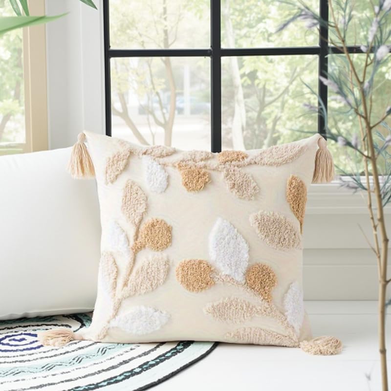 Andreannie Pack of 2 Boho Tufting Throw Pillow Cover Embroidered Textured Cushion Cover with Tassels Soft Home Decororative for Couch Sofa 18x18 inch (Leaves) - color: Leaves