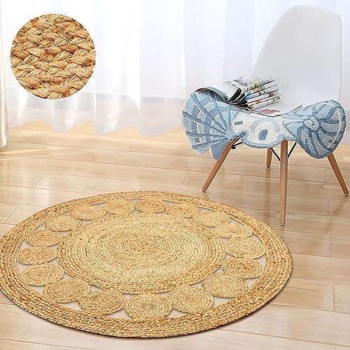 Hand Woven Braided Jute Rug - 3' Round - Reversible Farmhouse Rugs for Living Room, Bedroom, Dining Room, Kitchen - Natural Decorative Floor Circle Boho Entry Area Rugs - Round Rug 3ft - color: Natural Jute 6, size: 3' (Round)
