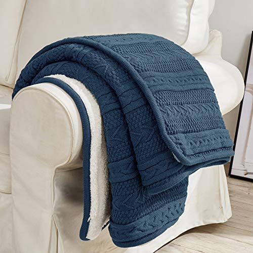 Longhui bedding Acrylic Cable Knit Sherpa Throw Blanket - Thick, Soft, Big, Cozy Grey Blue Knitted Fleece Blankets for Couch, Sofa, Bed - Large 50 x 63 Inches Gray Blue Coverlet All Season - color: Grey Blue, size: 50" x 63", Standard