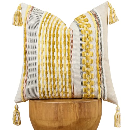 AmHoo Chenille Striped Textured Boho Throw Pillow Covers Aesthetic with Tassels Woven Decorative Pillow Case for Couch Bed Sofa Bedroom Modern Funky 18 x 18-Inch Yellow - color: Yellow, size: 18" x 18" (Pack of 1)