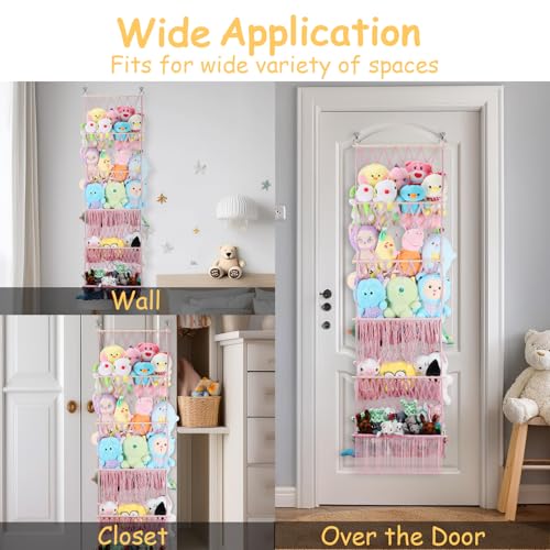 5 Tier Stuffed Animal Storage Shelf Net, 17x61 Inch Large Plushie Net w/LED Light & Clips for Mini Medium Stuffy Teddy, Pink Boho Macrame Wall Toy Holder Display for Nursery Kids Girls Boys - color: Light Pink, size: Large-5 Tier-17x61 Inch