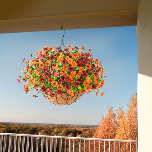ZFProcess Artificial Fake Hanging Plants Flowers Basket, Faux Silk Daisy in Planter Realistic UV Resistant for Outside Home Patio Balcony Yard Mums Autumn Outdoor Decoration (Orange Brown) - color: Orange Brown