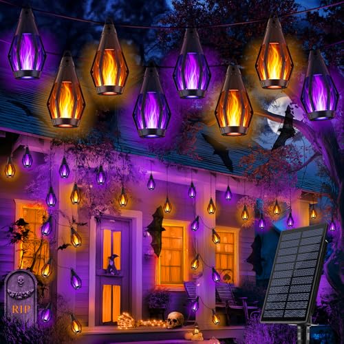 iBaycon Solar Halloween Lights, 42Ft 15 LED Bulbs Flickering Flame String Light, Outdoor Waterproof Solar Flame Lights for Garden Yard Patio Halloween Decorations (Warm White + Purple) - color: Warm White+Purple, size: 42FT