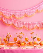xo, Fetti Pink and Orange Scallop Fringe Banner | Bachelorette Party, Birthday, Summer Decor, Iridescent, Fiesta, Girly, Photo Prop, Backdrop