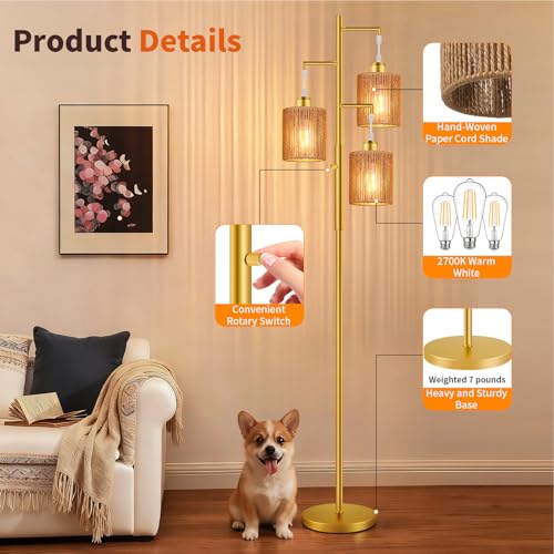 Hotsonic 72" Tall Boho Rattan Style Floor Lamp with Hand-Woven Paper Cord Shade, Dimmable Industrial Tree Standing Lamp for Living Room, Bedroom, Study Room, Office (3 x 800LM Bulbs Included) - Gold - color: Gold+Light Brown