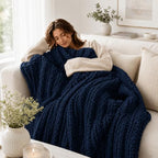 Battilo Cozy Navy Blue Throw Blanket 50" x 60" | Hand Knitted Chunky Knit Throw Blanket, Soft Jumbo Chenille for Couch Sofa Bed - color: Navy