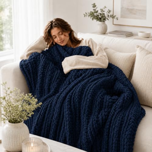 Battilo Cozy Navy Blue Throw Blanket 50" x 60" | Hand Knitted Chunky Knit Throw Blanket, Soft Jumbo Chenille for Couch Sofa Bed - color: Navy