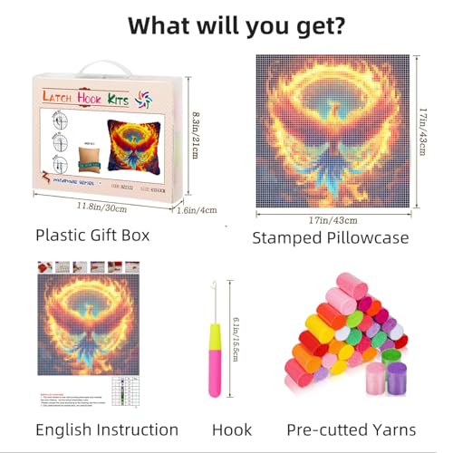 DIY Latch Hook Pillow Kits Phoenix Flying Colorful Flames Printed Pillowcase Crochet Yarns Hooking Handmade Pillow Cover Cushion for Home Sofa Decoration 17x17inch-2 - color: 08-Phoenix