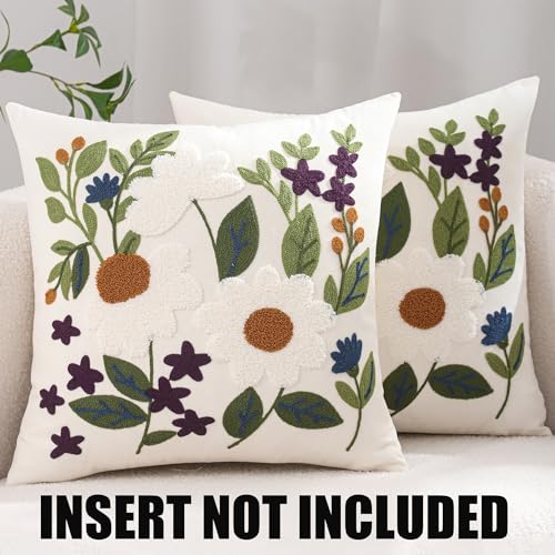 Embroidered Throw Pillow Covers 18x18 Pack of 2 Green Leaves Daisy Pillow Covers Floral Pillowcases Farmhouse Pillow Cushion Cases Square Flower Boho Pillow Case Summer Decor - color: White Daisy