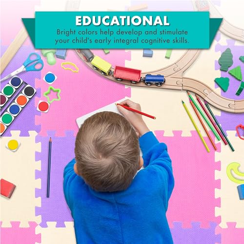 ProSource Baby Play Mat, Soft Foam Floor Tiles for Kids, Interlocking EVA Panels for Playpen Use, Crawling Development Surface, Safe Non-Toxic Toddler Flooring, 16 Tiles, Pink/Purple/Beige - color: Pink/Purple/Beige, size: 16 Tiles