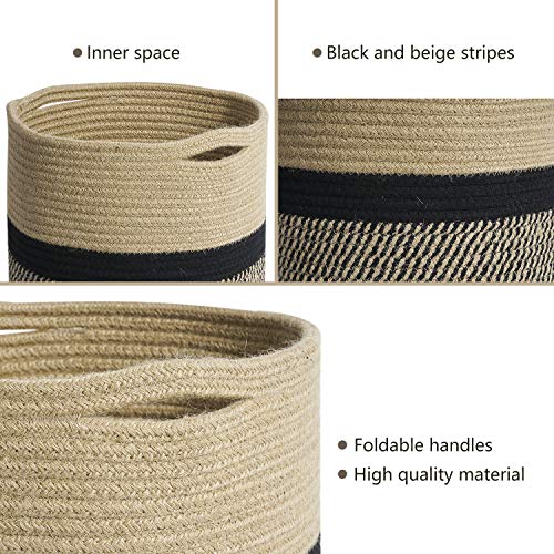 TIMEYARD Sturdy Jute Rope Plant Basket Modern Woven Basket for 11" Flower Pot Floor Indoor Planters, 12'' x 12'' Storage Organizer Baskets Rustic Home Decor, Black and Beige Stripes - color: Black and Jute, size: 12" x 12"