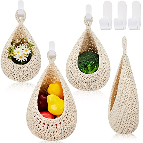 Honeydak Boho Decor Hanging Wall Baskets for Kitchen 3 Pack Teardrop Baskets with Hooks Storage Fruit Onion Vegetable Potato for Home 3 Sizes(White,Teardrop,Cotton Rope) - color: White, size: Cotton Rope, style: Teardrop