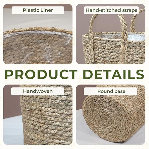 Set of 2 Woven Seagrass Planter Baskets with Handles – Handwoven Plant & Flower Pots for Indoor or Outdoor Use, Natural Straw Storage Baskets for Laundry Room, Living Room & Home Decor - size: Set of 2 (with handles), style: With handles