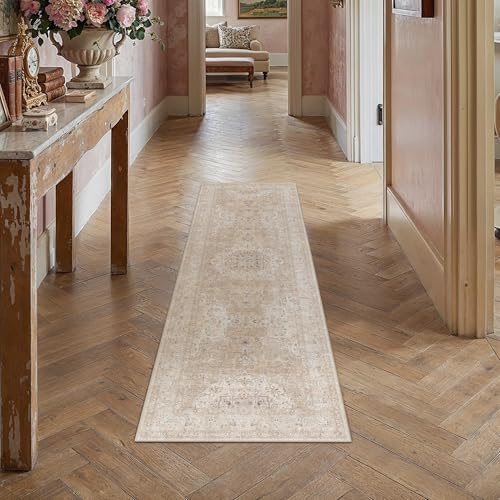 HUGEAR Hallway 2x6 Runner Rugs Machine Washable Rugs Vintage Beige Non-Shedding Low Pile Persia Throw Carpet Non Slip for Living Room Bedroom Dining Room Kitchen Office Home Decor - color: Beige Ⅱ, size: 2' x 6' (Runner)
