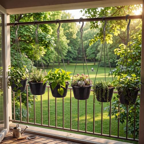 8 Pcs 10 Inch Modern Euro Swirl Hanging Planter Uv-Resistant Plastic Hanging Basket Smart Drainage Lightweight Indoor Outdoor Flower Pots for Garden Porch Balcony Patio Home Decor (Black) - color: Black