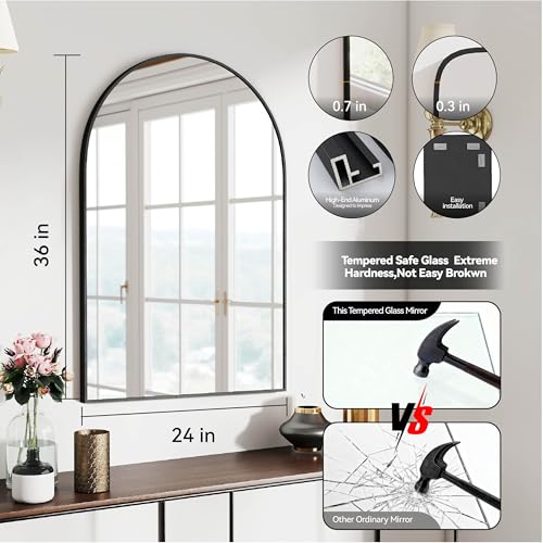 SCWF-GZ 36x24 Arch Mirror Rectangle Full Length Wall Mounted Hanging or Against Wall Metal Aluminium Alloy Frame Dressing Make-up Mirrors for Entryway Bedroom Bathroom Living Room 36 24 inch Black - color: Black, size: 36"L x 24"W