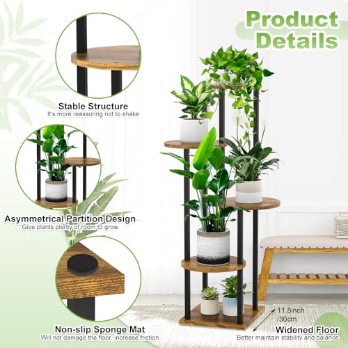 5 Tier Wood Tall Plant Stand Metal Rack Indoor, Multiple Flower Pot Holder Shelves Corner Rack, Round Planter Shelf Display Rack Storage Organizer for Patio Living Room Balcony(Black+Brown) - color: Black+Brown, size: 5 Tier