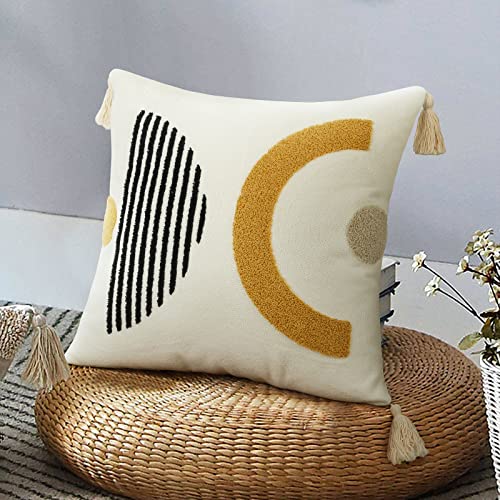 Merrycolor Boho Throw Pillow Covers with Tassels 18x18 Yellow Mid Century Modern Throw Pillows Geometric Decorative Abstract Pillow Cases Textured Boho Accent Pillows for Bed Couch Living Room,1PC - color: Geometric, size: 18" x 18" (Pack of 1)