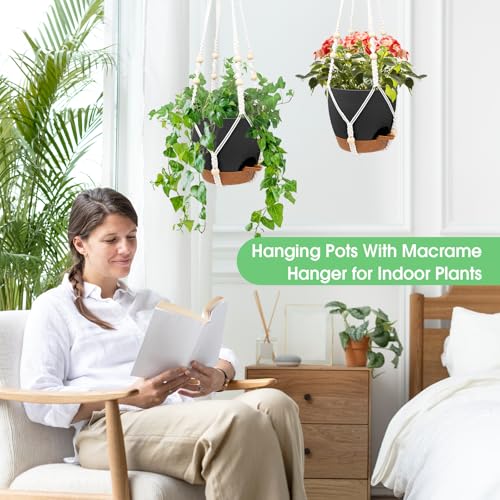 Vanslogreen Hanging Planters for Indoor Outdoor Plants, 2 Pack Self Watering Hanging Pots, Hanging Plant Baskets with Drainage Holes & 2 Types of Plant Hangers (Black, 6'') - color: Black+black, size: 6''