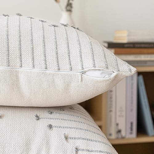 LILEPOY Boho Throw Pillow Covers 18x18 Set of 2 Neutral Decorative Textured Cushion Case Farmhouse Pillowcase Modern Square Pillow Covers for Sofa,Couch, Living Room,Beige and Grey - color: Beige and Grey, size: 18" x 18" (Pack of 2)