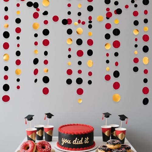 Gold Black Red Party Decorations Circle Dots Streamer Hanging Paper Polka Dots Garland for Graduation Birthday Wedding Anniversary Baby Shower Holiday Pirate Poker Casino Las Vegas Party Supplies - color: Black Gold Red