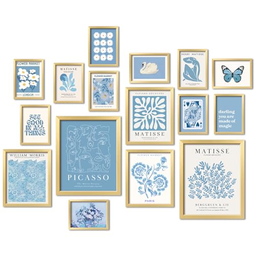 ANERZA 16 PCS Framed Blue Wall Art Decor, Matisse Wall Prints for Bedroom, Gallery Wall Frame Set, Minimalist Posters for Living Room Aesthetic, Collage Kit, Teen Girls Dorm Home Artwork - color: Blue, size: 12"x15" Framed