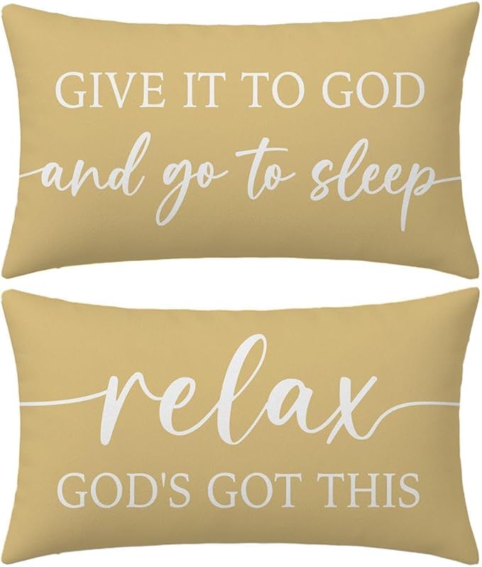 Decorative Throw Pillow Covers 12x20 Inch Set of 2 – Yellow Christian Lumbar Pillowcase – Give It to God and Go to Sleep/Relax God’s Got This – Spring Summer Faith Bedroom Bed Decor