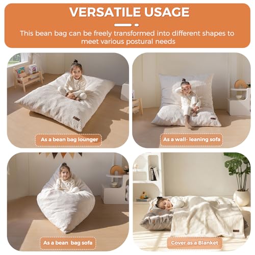 MAXYOYO 3 in 1 Kids Bean Bag Chair Couch, Convertible Chair Folds from Bean Bag to Lounger, Child Floor Sofa for Gaming, Reading, Floor Couch with High-Density Foam Filling - color: Beige