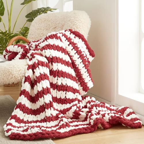 Amélie Home Chunky Knit Throw Blanket for Couch, Soft Chenille Handmade Crochet Throw Rope Knot Blanket for Couch, 50"x60",Red White Stripe - color: Red White Stripe, size: 50"x60"