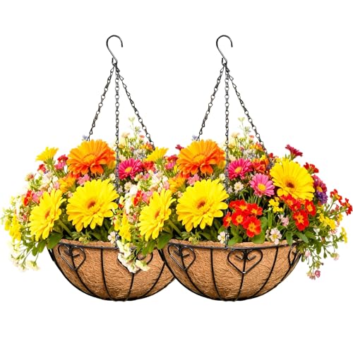 2 Pack 12 Inch Black Metal Hanging Basket Hanging Planter with Coco Coir Liner Heavy Duty Hanging Flower Pot Holder for Indoor Outdoor Patio Garden Porch Balcony Decor (Heart-Shaped) - color: Heart-shaped