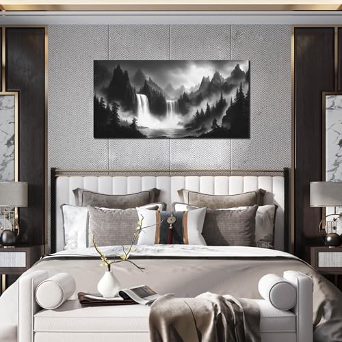 HUBOSKN Mountain Wall Pictures for Living Room Decor - Black and White Wall Art Bedroom - Waterfall Canvas Wall Art for Office Size 20" x 40" - color: Black and White, size: 40"L x 20"W
