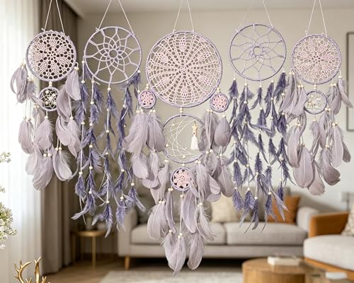 Set of 5 Boho Hanging Large Moon Dream Catchers, Flower Color | Wall Hanging, Vintage Wedding Decor, Home Decorations - color: Flower Color