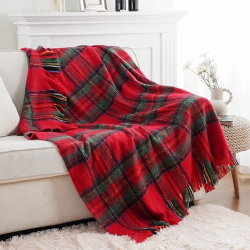 Battilo Christmas Plaid Throw Blanket for Couch Bed, Mohair Red Tartan Plaid Blankets, Soft Cashmere Checkered Pattern, Red Christmas Throw Blankets for Home Decor (50"x60") - color: Christmas Red