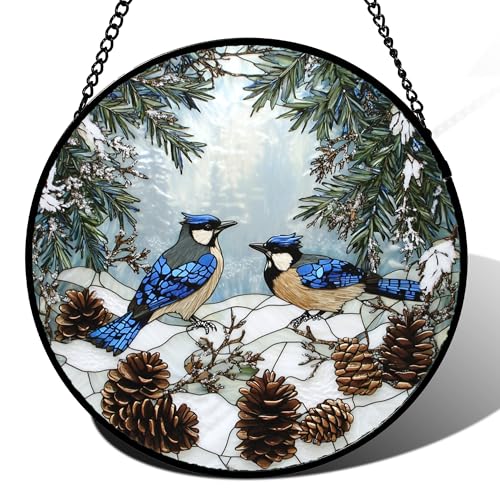 Stained Glass Window Hanging - Blue Bird Winter Forest Landscape Suncatcher for Door Garden Yard Sun Catchers Decor Christmas Mother's Day Birthday Gifts for Women Mom Nana Friend 6.3 in - color: Blue White and Brown, size: 6.3x6.3 IN