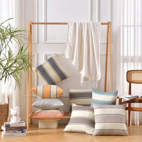AmHoo Pack of 2 Farmhouse Linen Throw Pillow Cover Cushion Stripe Decoration Buffalo Retro Pillowcase with Hidden Zipper for Sofa Bedroom Car 22 x 22 Inch Yellow - color: Yellow, size: 22" x 22" (Pack of 2)